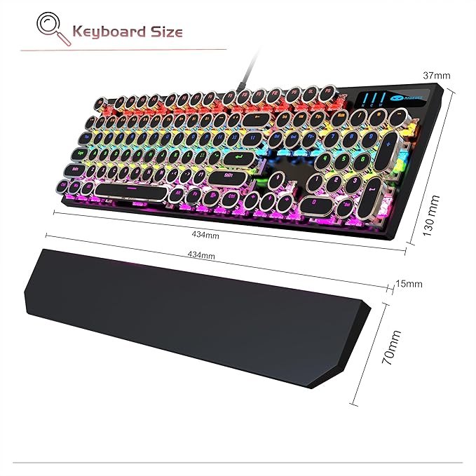 MageGee Typewriter Mechanical Gaming Keyboard, Retro Black Punk Round Keycaps RGB Rainbow Backlit Wired Keyboards for Laptop MAC PC Gamer, with Magnetic Wrist Rest - Blue Switch