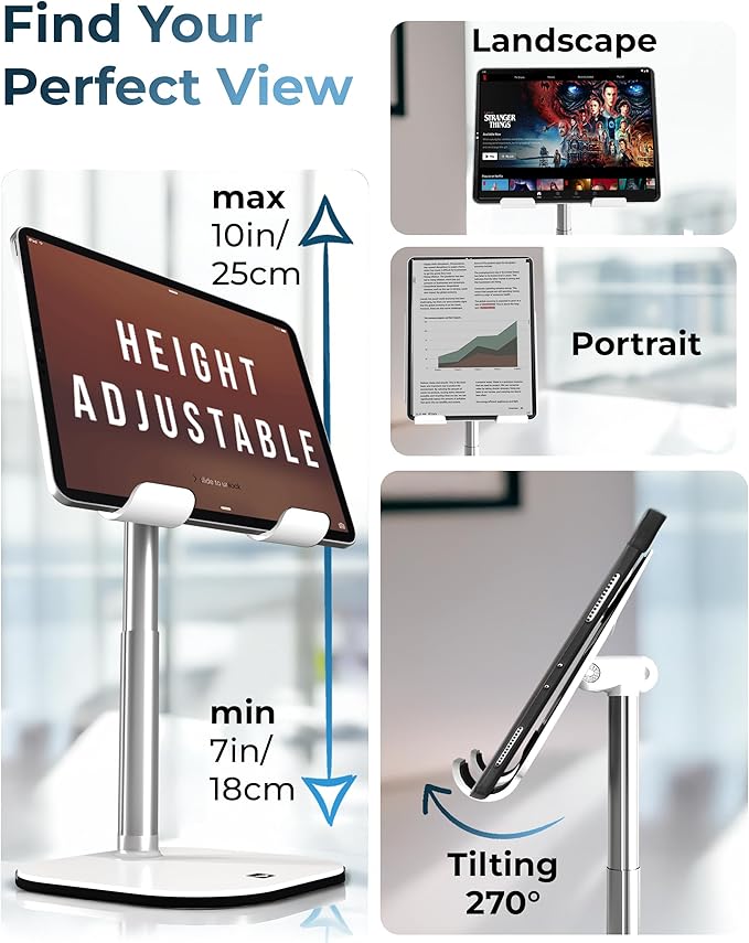 COOPER TabHolder, 7-10" Height Adjustable Tablet Stand, Premium iPad Stand for Desk, 270° Tilt Portable Monitor Holder for 15.6-17" Displays, for All iPad, Kindle, Surface, Samsung Tablets (Black)