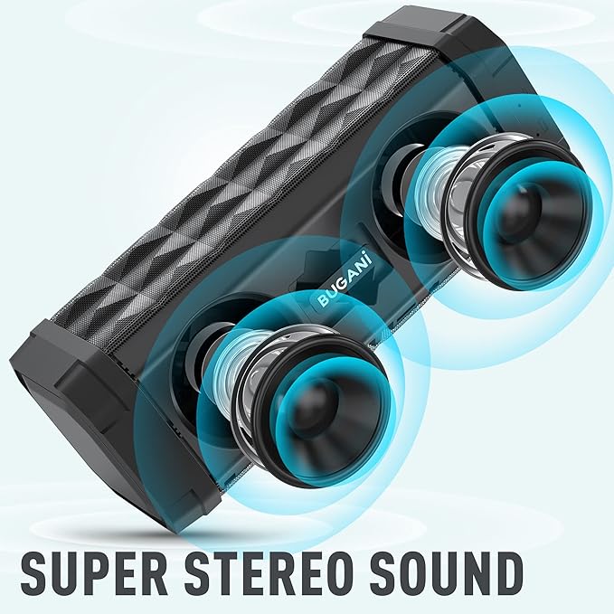 BUGANI Bluetooth Speakers Portable Bluetooth Speaker, 100ft Wireless Range, Louder Volume, Stereo Sound, Amazing Bass 24H Playtime, IPX5, Built-in Mic, Wireless Speaker for Ourdoor Indoor(Black)