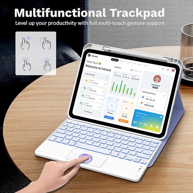MoKo iPad 11th/10th Generation Case with Keyboard 2025/2024, 7 Colors Backlight & Multi-Touch Trackpad, Detachable Keyboard Folio Stand Cover with Pencil Holder, Lavender Purple