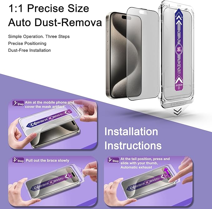 2 Pack Matte Screen Protector for iPhone 15 Pro Max, 9H Tempered Glass, Full Coverage, Anti-Fingerprint, Auto Dust-Elimination, No Bubble, Easy Installation