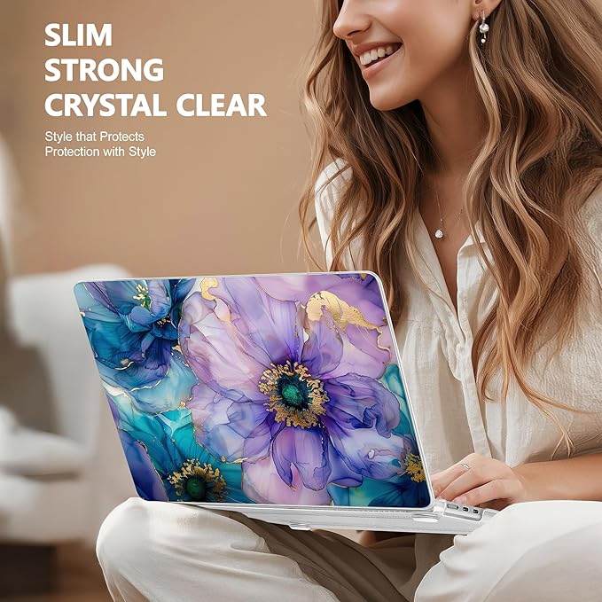 Case for MacBook Air 15 Inch 2025 2024 2023 Release M4 A3241 M3 A3114 M2 A2941, Hard Shell with Screen Protector & Keyboard Cover, Compatible with Touch ID, Fluid Art Flowers