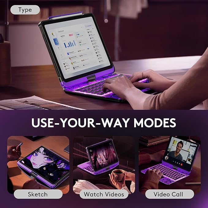 GUSGU Transparent Case with Wireless Keyboard only for 2024 iPad Pro 13-in.(M4), 7 Colors Backlight, Trackpad, 360°Rotating Stand for iPad Pro 13, Tech Style