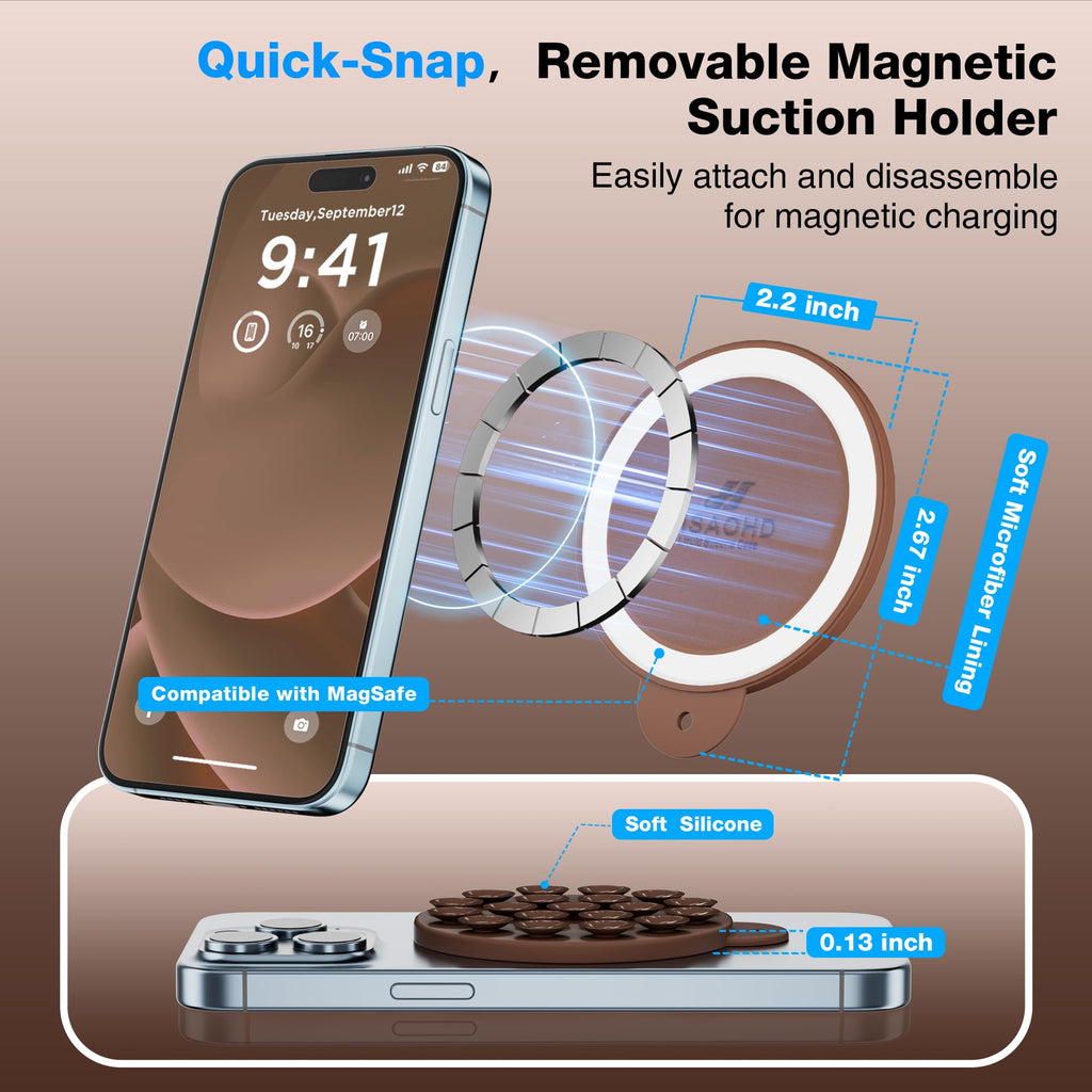 HSAOHD Magnetic Suction Cup Phone Mount with MagSafe, Silicone Hands-Free Grip Holder for iPhone Case and Android, Mirror Shower Phone Stand for Makeup FaceTime Gym Kitchen Bathroom, Chocolate