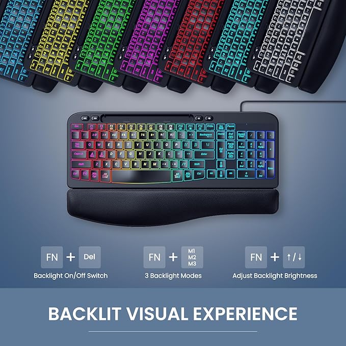 Ergonomic Backlit Keyboard with Wrist Rest, 7 Colors USB Wired Computer Keyboard, Wave Keys, with Phone/Tablet Holder, Comfortable Lighted Keyboard for PC, Windows and Mac