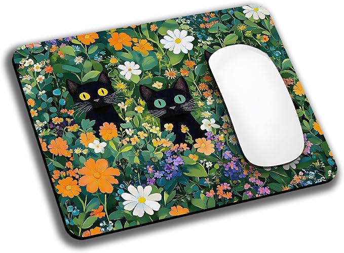 Cute Flowers Black Cats Mouse Pads for Desk, Portable Wireless Computer Mouse pad Small Design with Women, Non-Slip Rubber Base Laptop Mousepad 9.5" x 7.9" Smooth Surface for Office & Travel