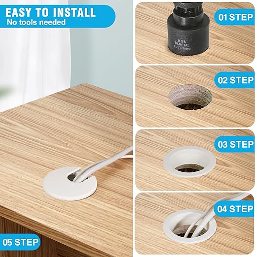 1-3/8" White Desk Grommet with Bi-Metal Hole Saw, JTemgle Plastic Cable Hole Cover Computer Table Cord Wire Organizer Caps, Desktop Cord Management for Home Office TV Stands Tabletops, 13 Pieces