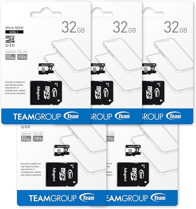 TEAMGROUP Micro 32GB x 5 Pack UHS-I U1 Class 10 SDHC SDXC Read Speed up to 100MB/s High Speed Flash Meomry Card with Adapter for Camera, Surveillance, Full HD Shooting TUSDH32GCL10U63