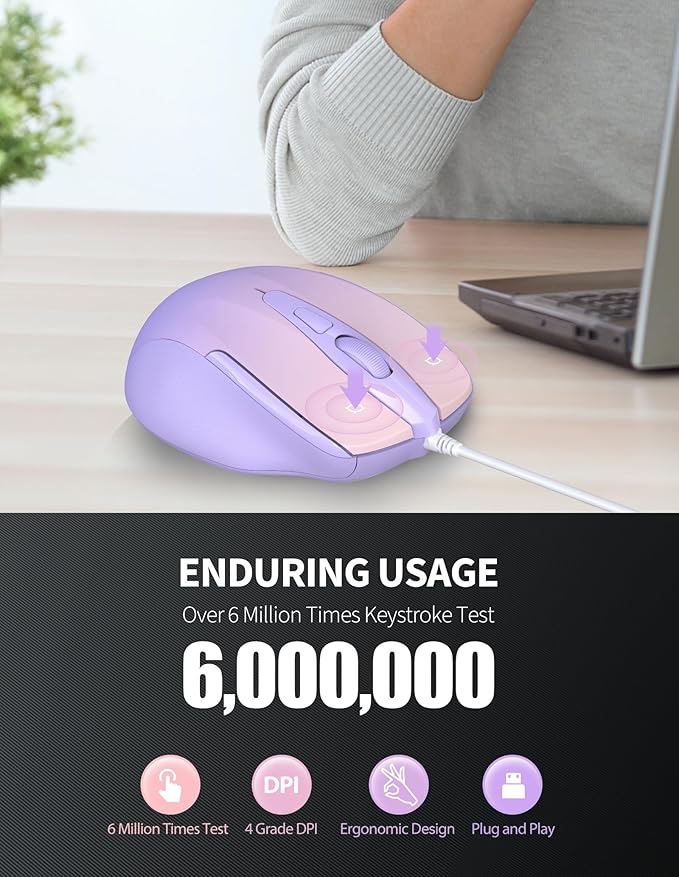 TECKNET Wired Mouse, 6-Button Corded with 4 Adjustable DPI, Optical Ergonomic Design, 5FT Cord for Laptop, Chromebook, PC, Desktop, Mac, Notebook - Gradient Lavender