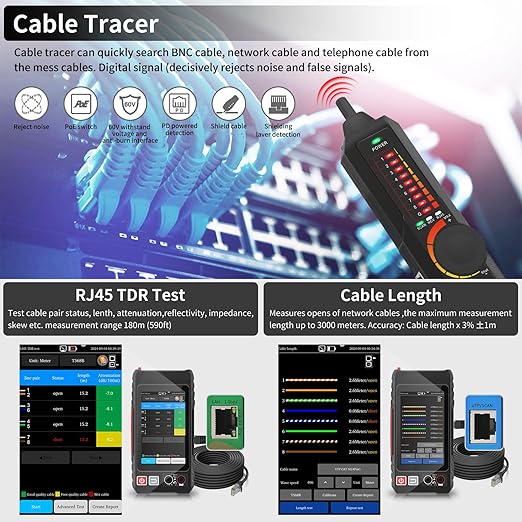 Multifunction RJ45 Network Caber Tester,Full Features UTP Cable Tester Cable Tracer,4" IPS Touch Screen Support TDR,DMM, VFL,OPM, POE++ Detect,Level Meter,Network Tools,RJ45 TDR, Cable Length,NCV