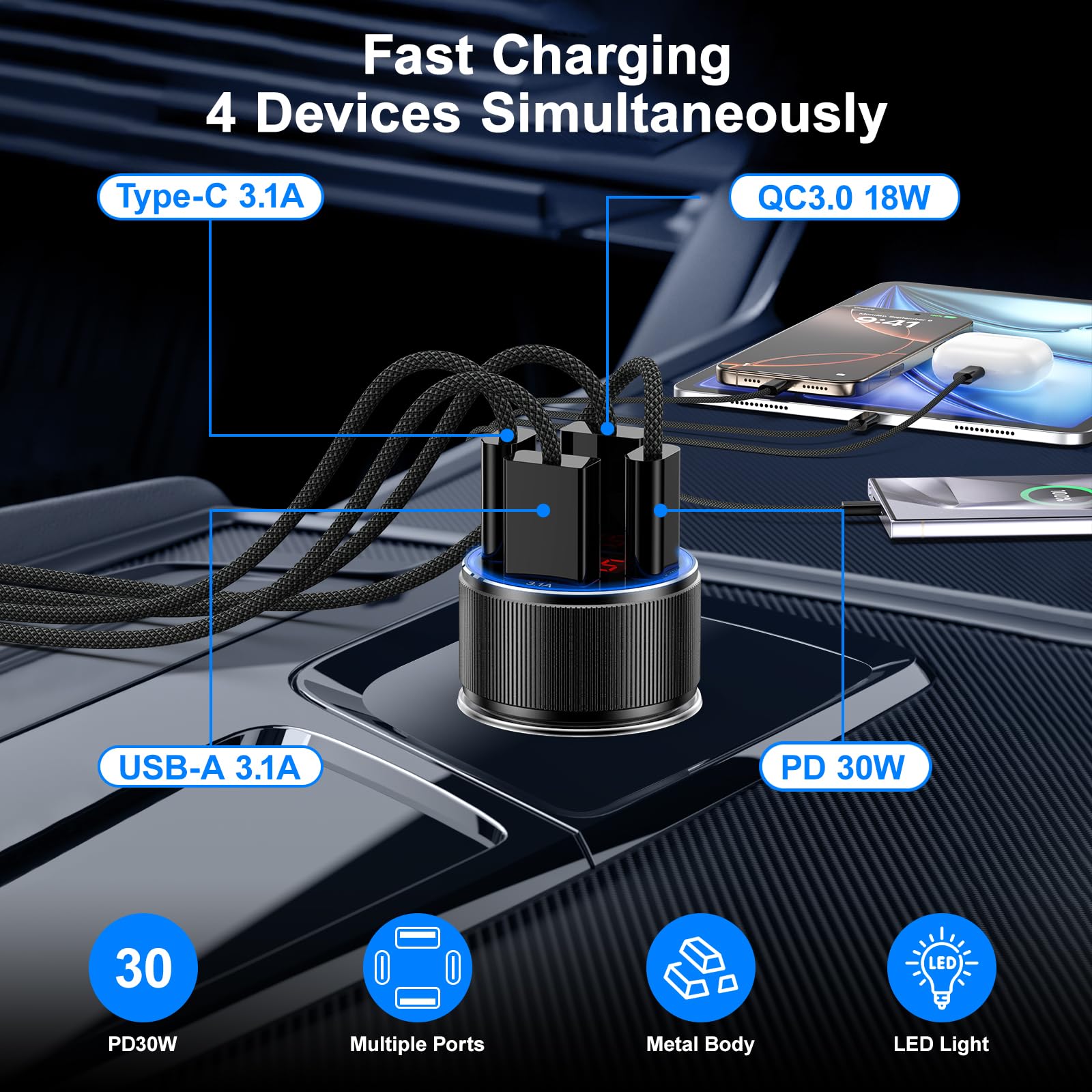 Car Charger USB C, Besgoods 4 Ports Cigarette Lighter USB Charger USB C Car Adapter PD/QC Fast Charging with Voltmeter for iPhone 17 16 15 14 13 12 Galaxy S24 S23 A54 A16 Android Dash Cam, 2Pack