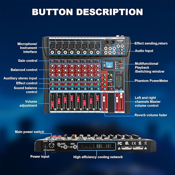 8 Channel Audio Mixer, Professional Music Mixer Board DJ Mixing Console with Bluetooth, USB/MP3 Player, Reverb, and 48V Phantom Power for Studio Recording, Karaoke, and Live Performances