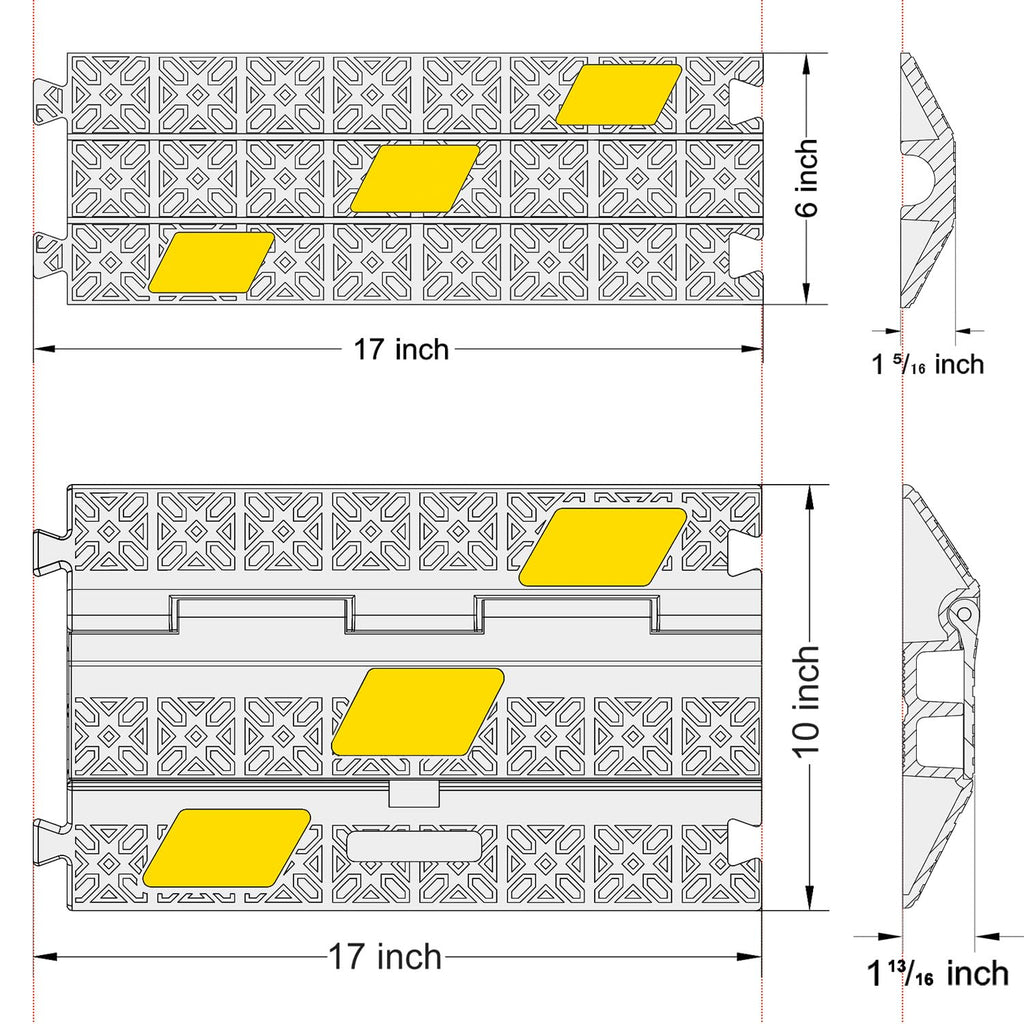 OranLite 6 Pack 2-Channel Rubber Cable Protector Ramp, 17" x 10" x 1.8" inch Interlocking Floor Wire Cord Cable Cover, Visible at Night, Durable Rubber Speed Bump Hump Ramp (2-Channel 6 Pack)