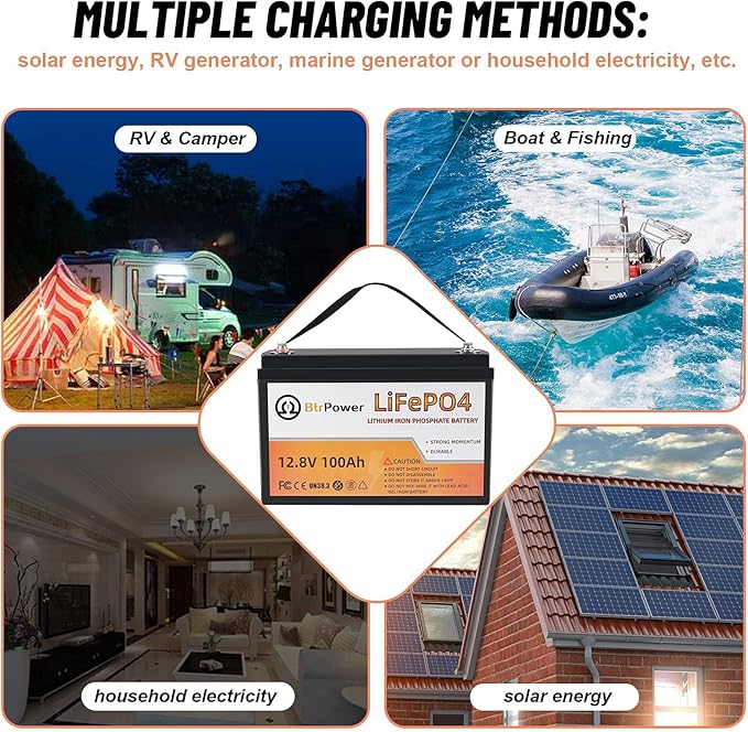 4 Pack 12V 100Ah LiFePO4 Deep Cycle Battery,Support 4S4P,Built-in 100A BMS,5000-7000 Cycles,Perfect for RV Solar Marine Overland Off-Grid Application