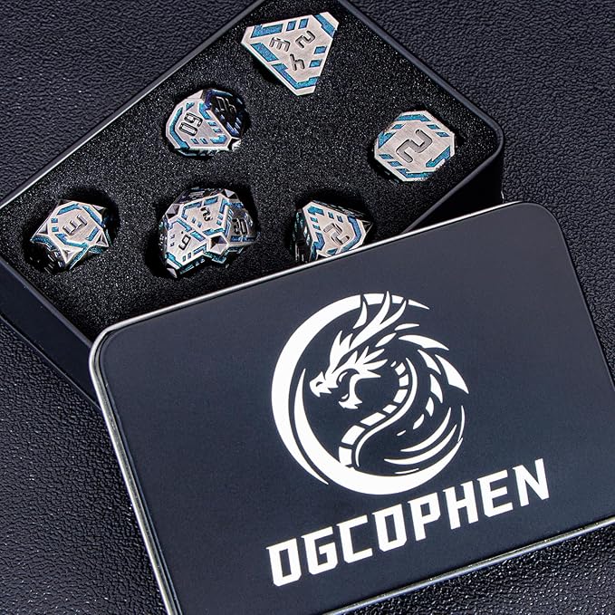 Metal DND Sci-fi Dice Set 7PCS Stripe Polyhedral Dice for Dungeons Dragons RPG Role Playing Game, Glitter D and D Dice with Gift Box D6 D8 D10 D12 D20 (Grey&Purple Green)