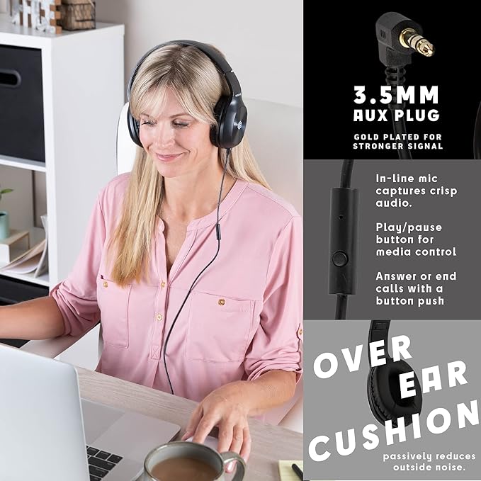 Classroom Headphones-Bulk 10-Pack, with Microphone Student On Ear Comfy Swivel Earphones for Library, School, Airplane, Kids-for Online Learning and Travel, HQ Stereo Sound 3.5mm Jack (Black)