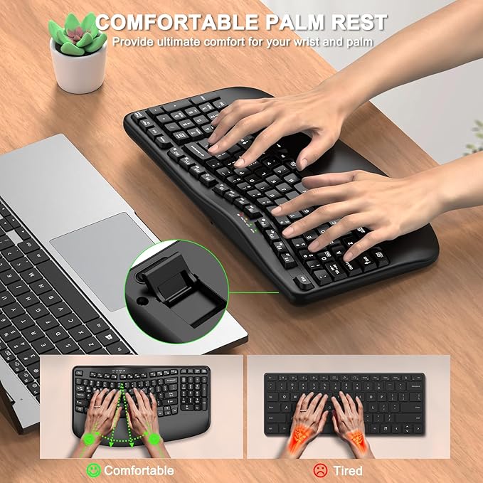EDJO Ergonomic Wireless Keyboard with Wrist Rest, Wave Keys, Comfortable Natural Typing, 2.4GHz Ergo Wireless USB Computer Keyboard for Multi-OS, Windows, Mac OS, Laptop, PC (Black)
