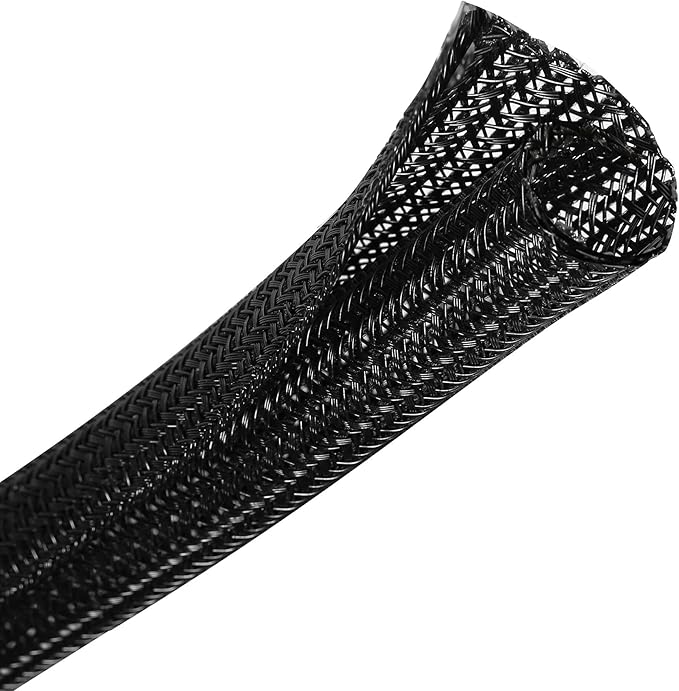 CrocSee 25ft - 3/4 inch Braided Cable Management Sleeve Cord Protector - Self-Wrapping Split Wire Loom for TV/Computer/Home Theater/Engine Bay - Black