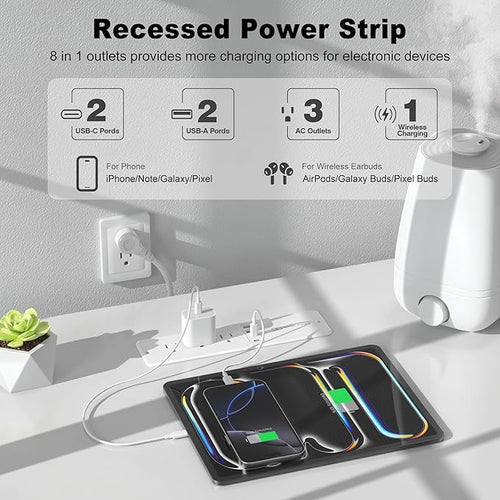 8 in 1 Recessed Power Strip with 15W Wireless Charger, 20W Fast Charging Furniture Outlet, Plug in 3 AC Outlets & 4 USB Ports Flush Mount, 6FT Cord