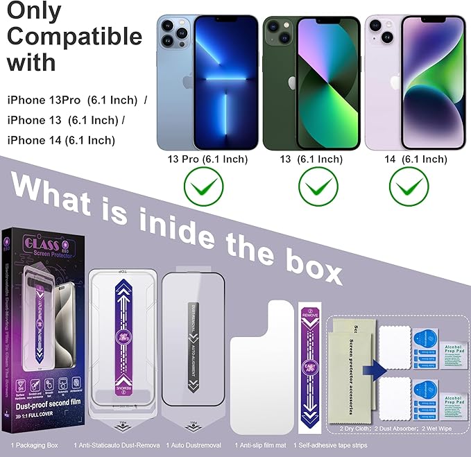 2 Pack Screen Protector for iPhone 16e/iPhone 14/iPhone 13 Pro/iPhone 13, 9H Tempered Glass, Full Cover, Anti-Fingerprint, Auto Dust-Elimination, No Bubble, Easy Installation
