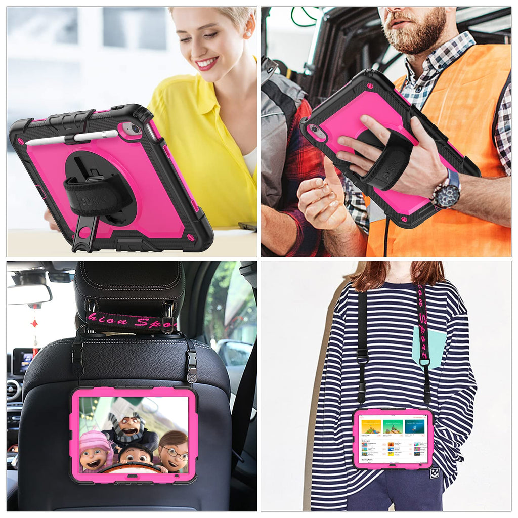 SEYMAC stock Case for iPad (A16) 11th/10th Generation 11''/10.9'' 2025/2022, Full-Body Drop Protection Case with Screen Protector &360° Rotate Hand Strap/Stand, Pink+Black