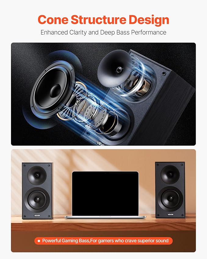 VEVOR Passive Bookshelf Speaker, 300W, Book Shelf Stereo Speakers with 5.25-Inch Woofer and 1-Inch Tweeter, Detachable Grille, 65Hz-20KHz Frequency Response, Wooden Enclosure,for Home Theater (1 Pair)