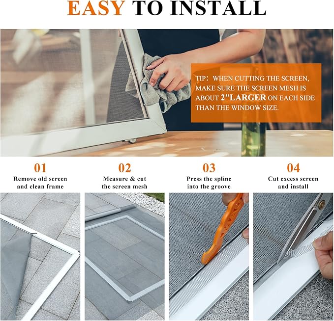 MAGZO Window&Door Screen Replacement Kit, 86" W x 196" L, with Retainer Spline(Total 65.6 FT) and Press-Fit Roller Tool, Polyester Scratch-Proof, Adjustable Mesh for Windows&Doors&DIY Projects, Grey