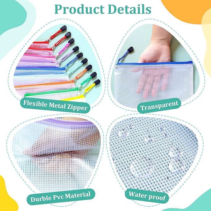 18pcs Mesh Zipper Pouch Bags, B5 Mesh Pouch, 9 Color Zipper Pouches for Organizing, Board Game Storage, Travel, School, Office