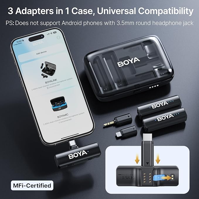 BOYA BOYALINK 2 Wireless Lavalier Microphone for iPhone Camera Android, Mini Lapel Micophone Wireless, 48 KHz 24 Bit, 6mm Mic, 1000ft, 30h Use, Noise Cancelling, Clip on Mic USB-C/Lightning/3.5mm TRS