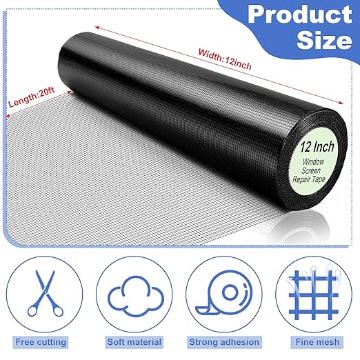 Extra Wide 12 inch x 20 ft Window Screen Tape Mesh Repair Strong Adhesive Waterproof Fiberglass Screen Repair Kit Patch for Window Door Tears Holes(Black)