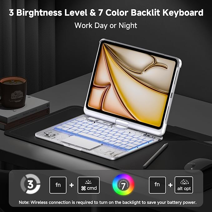 iPad Keyboard Case for 2024 M4 iPad Pro 11 inch, Magic Wireless Keyboard with Trackpad 7 Color Backlit, 360° Rotating Stand Transparent Protective Cover with Pencil Holder (White)