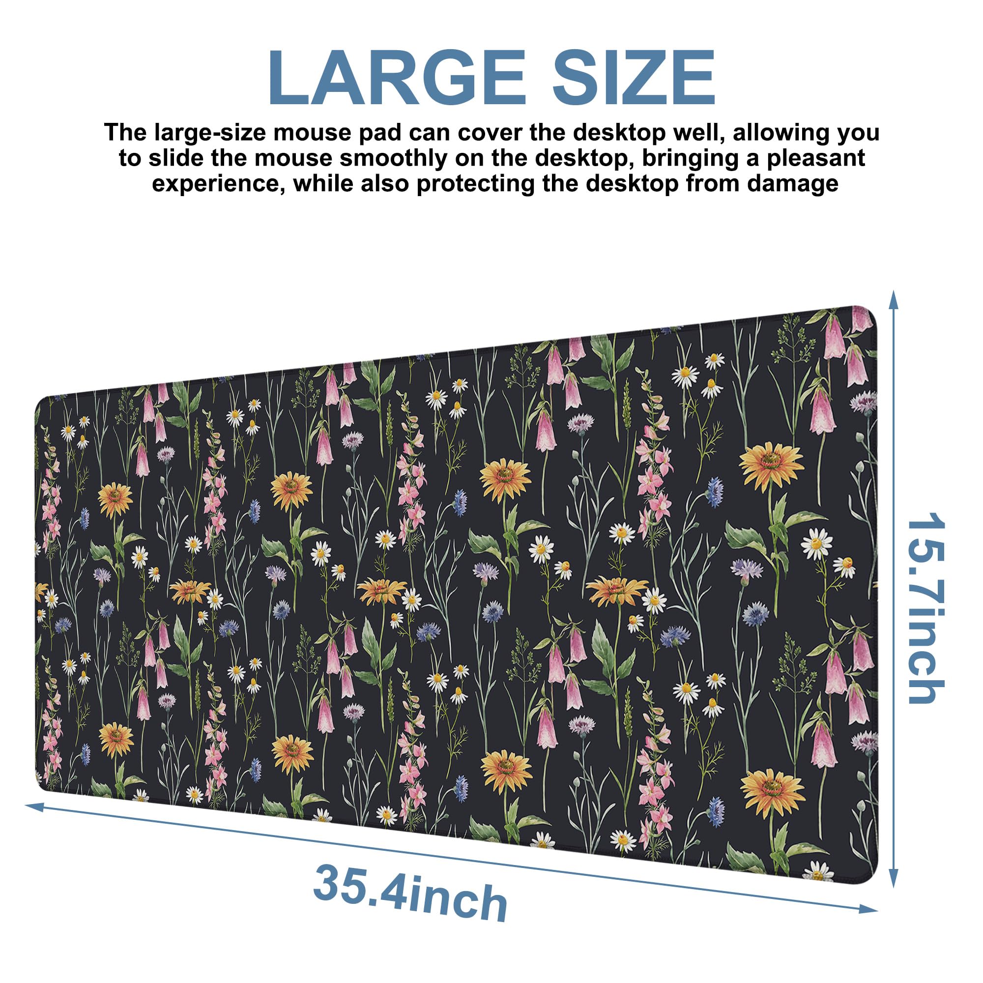 NITAHHHY Large Mouse Pad Field Flowers Gaming Desk Pad Computer Keyboard Non-Slip Waterproof Mouse Mat with Rubber Base and Stitched Edges Entertainment Office Writing Desk Mat 35.4 x 15.7 Inches