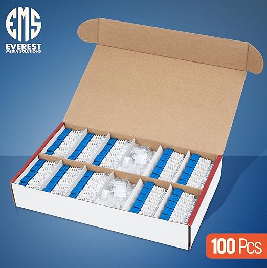 Everest 45° Angled RJ45 Cat6 Keystone Jacks 100-Pack in Blue - Slim Profile Female RJ45 Connectors - Cat 6 Keystone Jack - Compatible with 45° Angled Speed Termination Tool - 45Term (B0BL3GS7ZY)