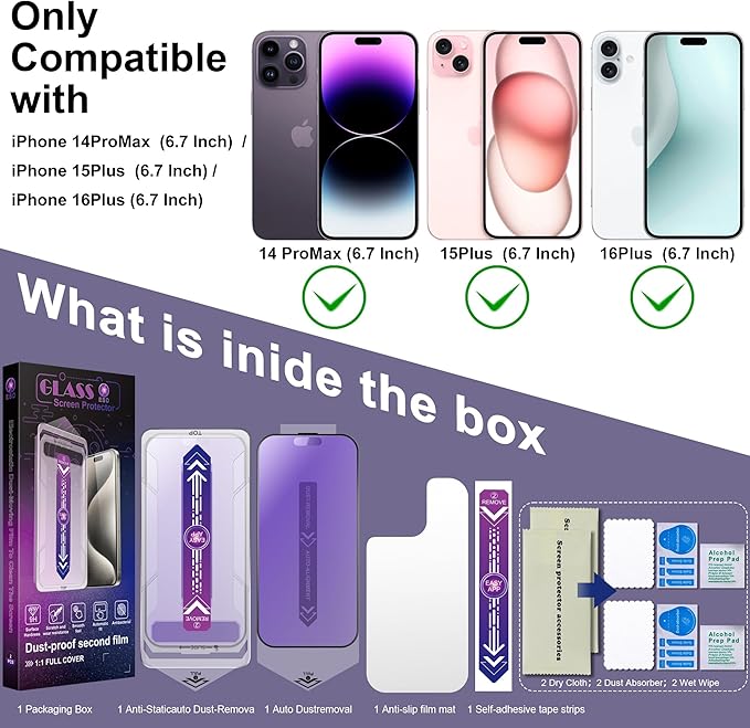 2 Pack Anti Blue Light Matte Screen Protector for iPhone 14 Pro Max/iPhone 15 Plus/iPhone 16 Plus, 9H Tempered Glass, Full Cover, Anti-Fingerprint, Auto Dust-Elimination, No Bubble, Easy Installation
