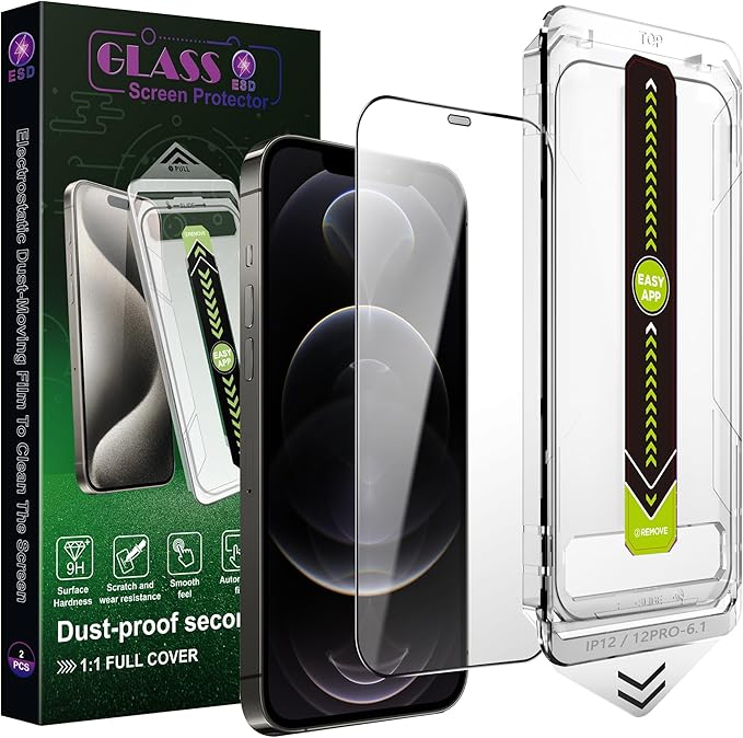 (2-Pack Ultra HD Clear Screen Protector for iPhone 12/12 Pro (6.3-Inch),9H Tempered Glass,Full Coverage,Anti-Fingerprint,Auto Dust Removal,Bubble-Free,Easy Installation