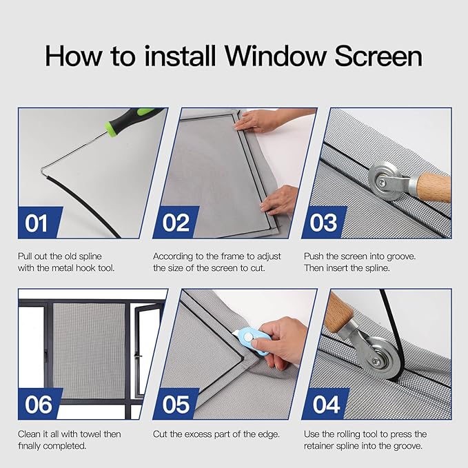 Window Screen Door Repair Kit Include Window Screens Mesh 48"x117" with All Tools in Window Screen Replacement(Screen Rollers, Splines, Hook), Yolovit
