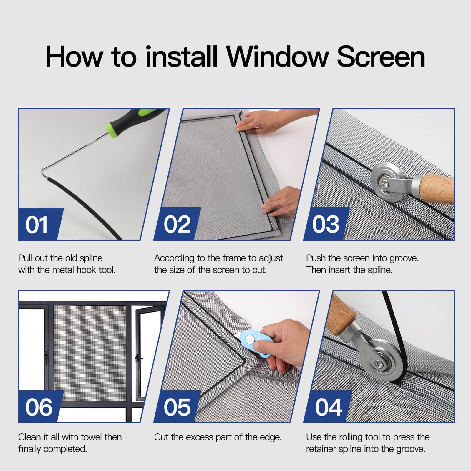 Window Screen Door Repair Kit Include Window Screens Mesh 48"x114" with All Tools in Window Screen Replacement(Screen Rollers, Splines, Hook), Yolovit