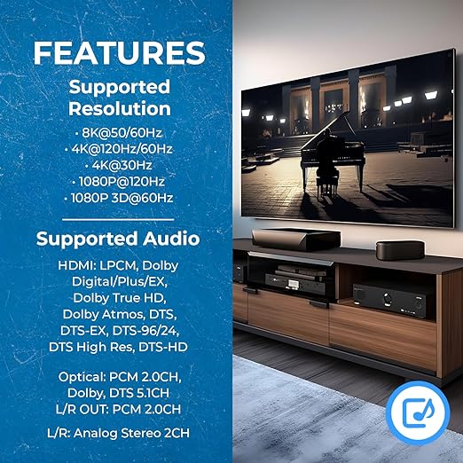 OREI 8K Audio Extractor HDMI UltraHD 4K @ 120Hz 48G HDMI 2.1 Audio Converter for PS5 SPDIF + 3.5mm Output HDCP 2.3 - Dolby Digital/DTS Passthrough CEC, HDR, Dolby Vision, ARC, HDR10+ (BKA-1)