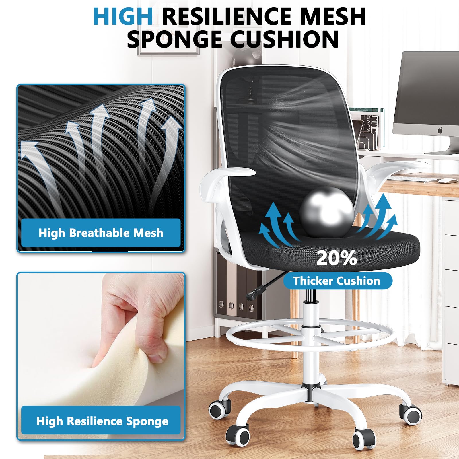 Kensaker Drafting Chair Tall Office Chair, Ergonomic Standing Desk Chair with Adjustable Foot Ring and Flip-up Armrests, Mesh Computer Chair for Art Studio, 300 LBS, White