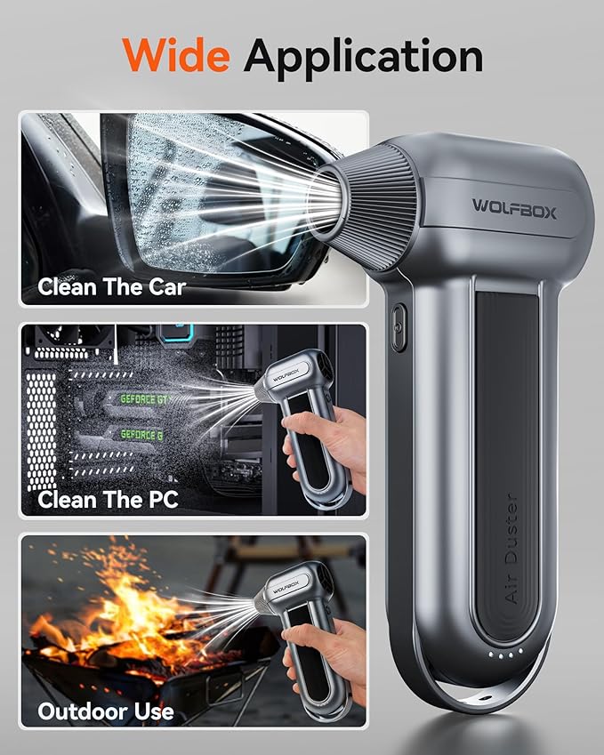 WOLFBOX MF100 Electric Air Duster-150000RPM Super Power Cordless Air Duster, Rechargeable Brushless Motor Durable Blower, 3-Gear Adjustable Dust Blower for Computer, Keyboard, Outdoor, House and Car