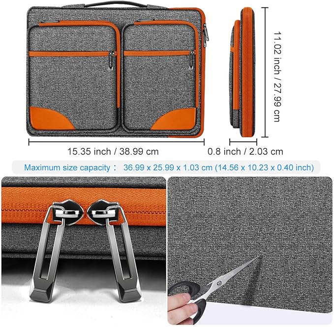 Hseok Laptop Case 15 15.6 16 inch Sleeve with Handle and Hidden Strap,Compatible with MacBook Pro 15.4 16, 360° Protective PC Briefcase with 4 Pockets for Laptop Accessory,Easy to Carrying,Gray-Orange