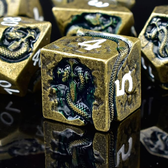 RULE DICE Metal D&D Dice, DND Dice Set, Polyhedral Dice for Dungeons and Dragons RPG Games | 7pc D and D Dice Set with Green Serpent | Gift for TTRPG Players