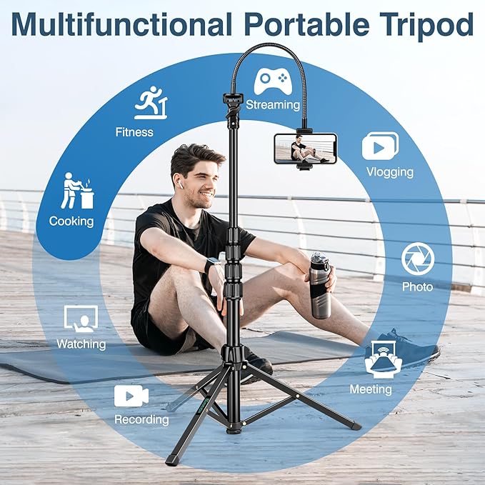 82" Tripod for iPhone,Phone Tripod Compatible with Smartphone/Camera/Gopro,Tall iPhoneTripod with 9.8" Gooseneck and Remote,Cell Phone Tripod Stand for Video Recording Selfies Vlogging