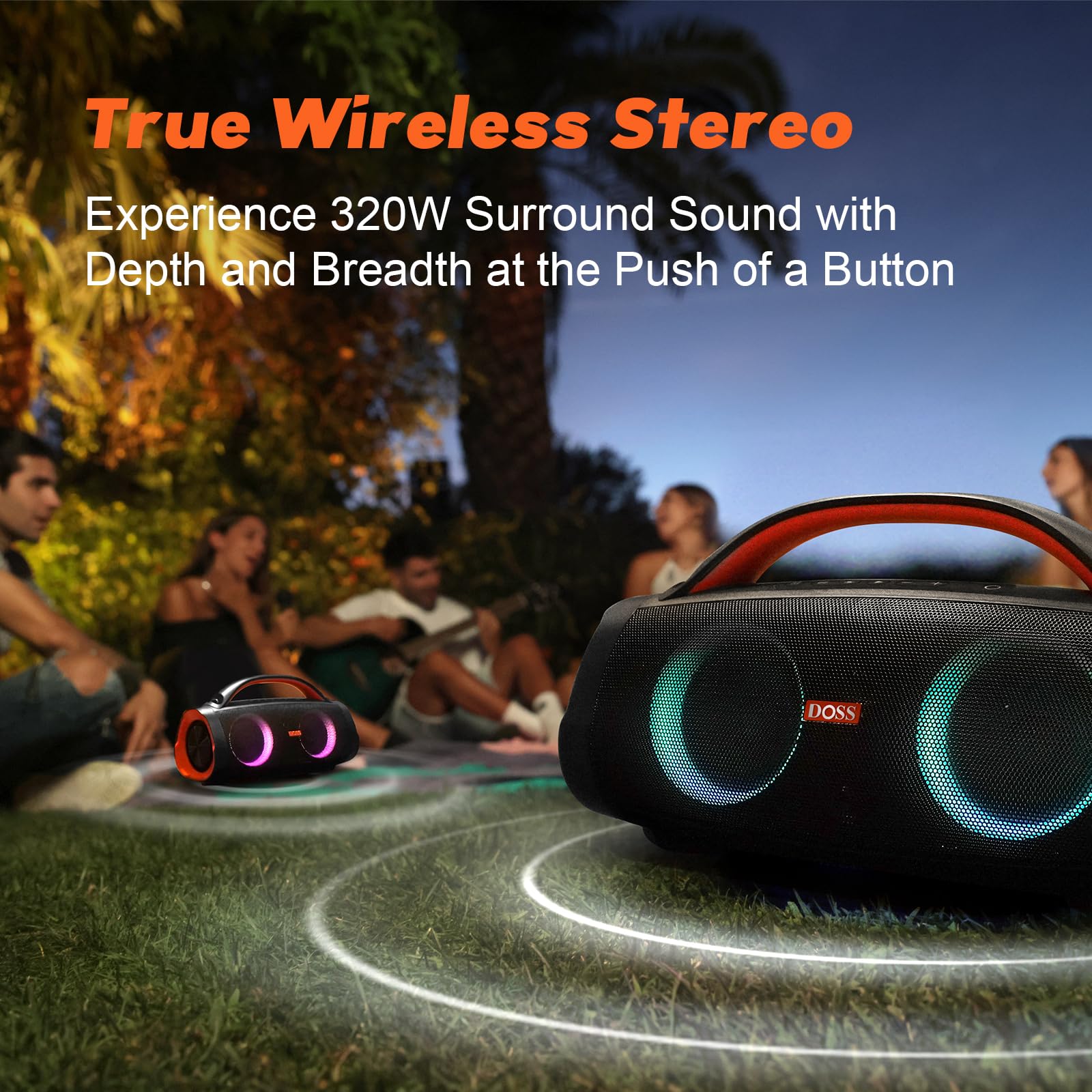 DOSS Extreme Boom Pro 100W Loud Outdoor Speaker, 2+2 Channel, IPX6 Waterproof, Bluetooth 5.3, 20H Playtime, Dynamic Lights, Portable Speaker for Camping, Beach, Pool, Working Outside - Orange