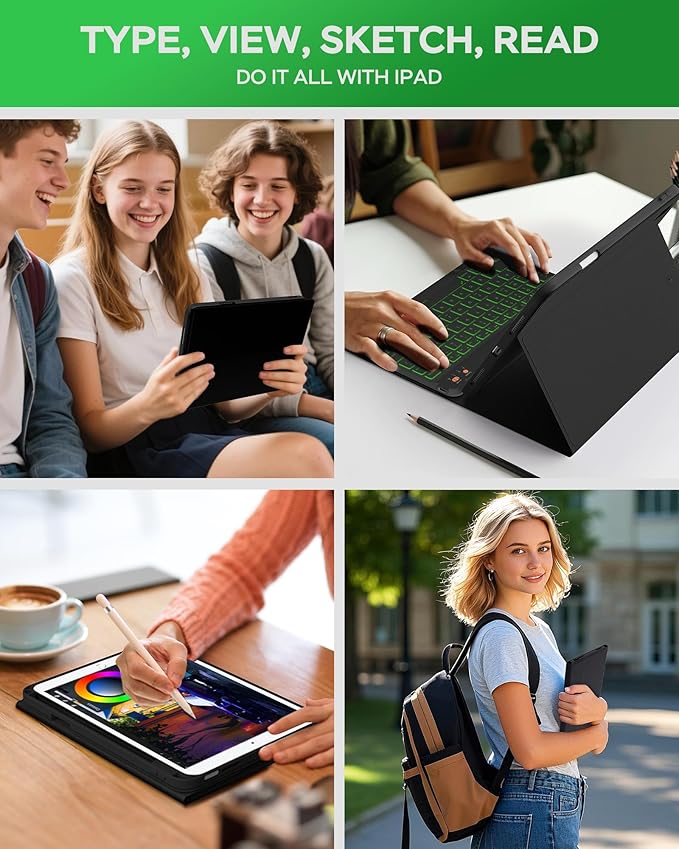 Keyboard Case for iPad 9th 8th 7th Generation 10.2" - 7 Colors Backlit Detachable Folio Keyboard Cover with Pencil Holder for iPad Pro 10.5" / iPad Air 3rd Gen (Black)
