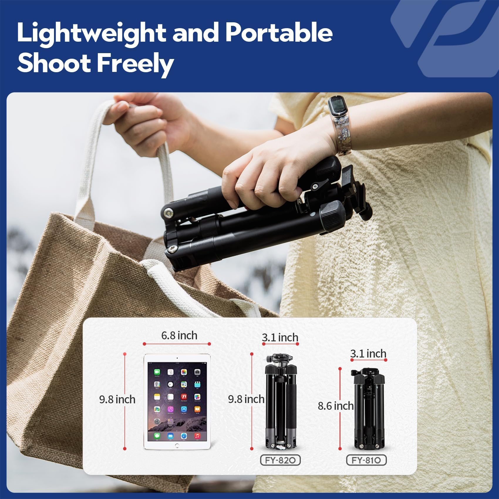 Fotopro Mini Tripod with Ball Head Phone Mount Detachable Selfie Stick Folded only 8.6" Max Load up to 6.6 lbs FY-810 Black