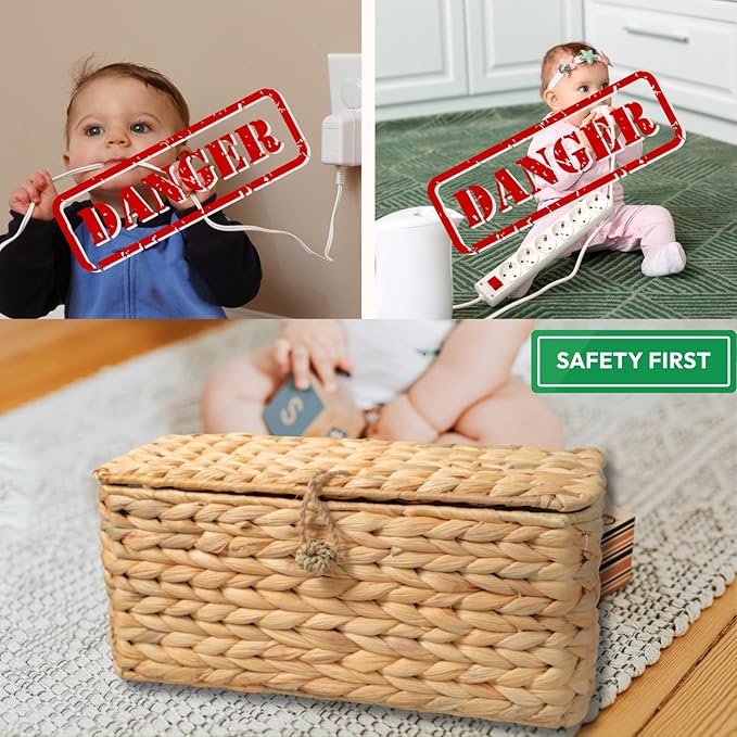 Wicker Cable Management Box with Lid, A Handwoven Water Hyacinth Cords Hider Box for TV, Computer, Router, USB Hub to Hide Cords & Power Strip for Desk, Floor, Office, 16x6.9x6.9”