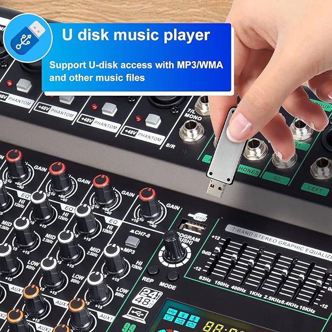 Depusheng TG8 professional dj audio mixer 8 channel input and dual group output with 99-bit dps reverb chip bluetooth usb recording and mp3 playback suitable for stage, bar, recording studio
