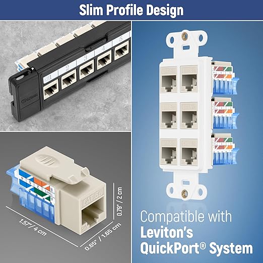 Everest 45° Angled RJ45 Cat5e Keystone Jacks 50-Pack in Light Almond - Slim Profile Female RJ45 Connectors - Cat 5e Keystone Jack - Compatible with 45° Angled Speed Termination Tool - 45Term