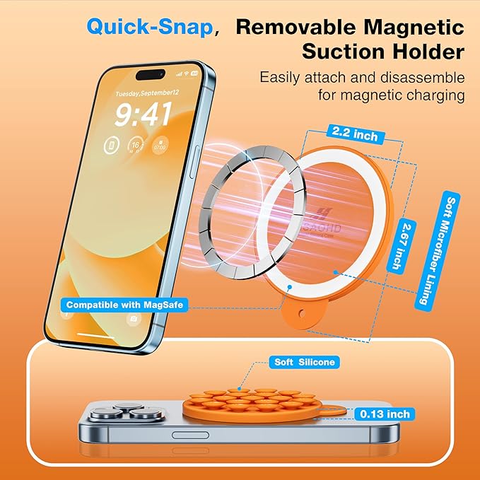 Magnetic Suction Cup Phone Mount for MagSafe Case, Silicone Hands-Free Grip Holder for iPhone and Android, Mirror Shower Phone Stand for Makeup FaceTime Gym Kitchen Bathroom, Orange